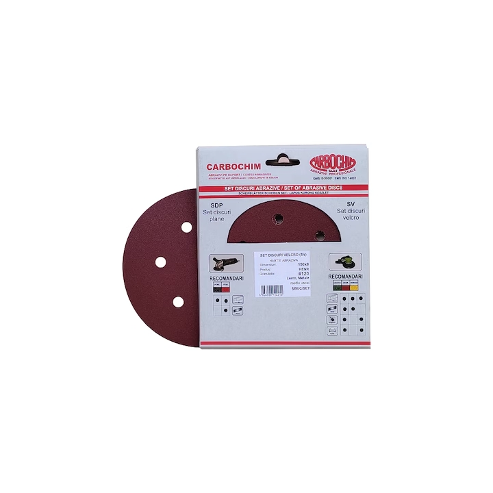 Set 5 bucati discuri velcro, SV150x8 HENR granulatie 120 suport hartie pentru slefuire, finisare lemn si metal in mediu uscat Carbochim