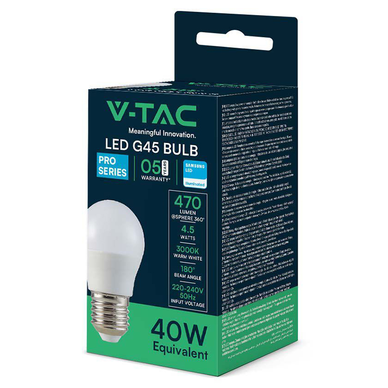 Bec led G45 E27 4.5W 3000K alb cald, CIP Samsung V-tac