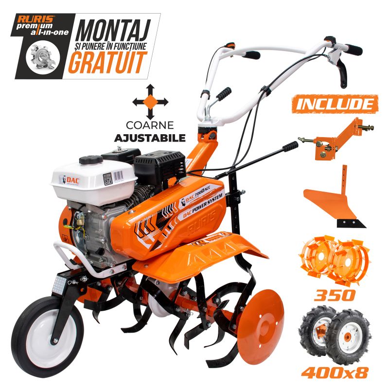 Motosapa DAC 7000 ACC 2 + roti cauciuc 4.00-8+plug+adaptor+roti metalice 350 fara manicot 7CP Ruris