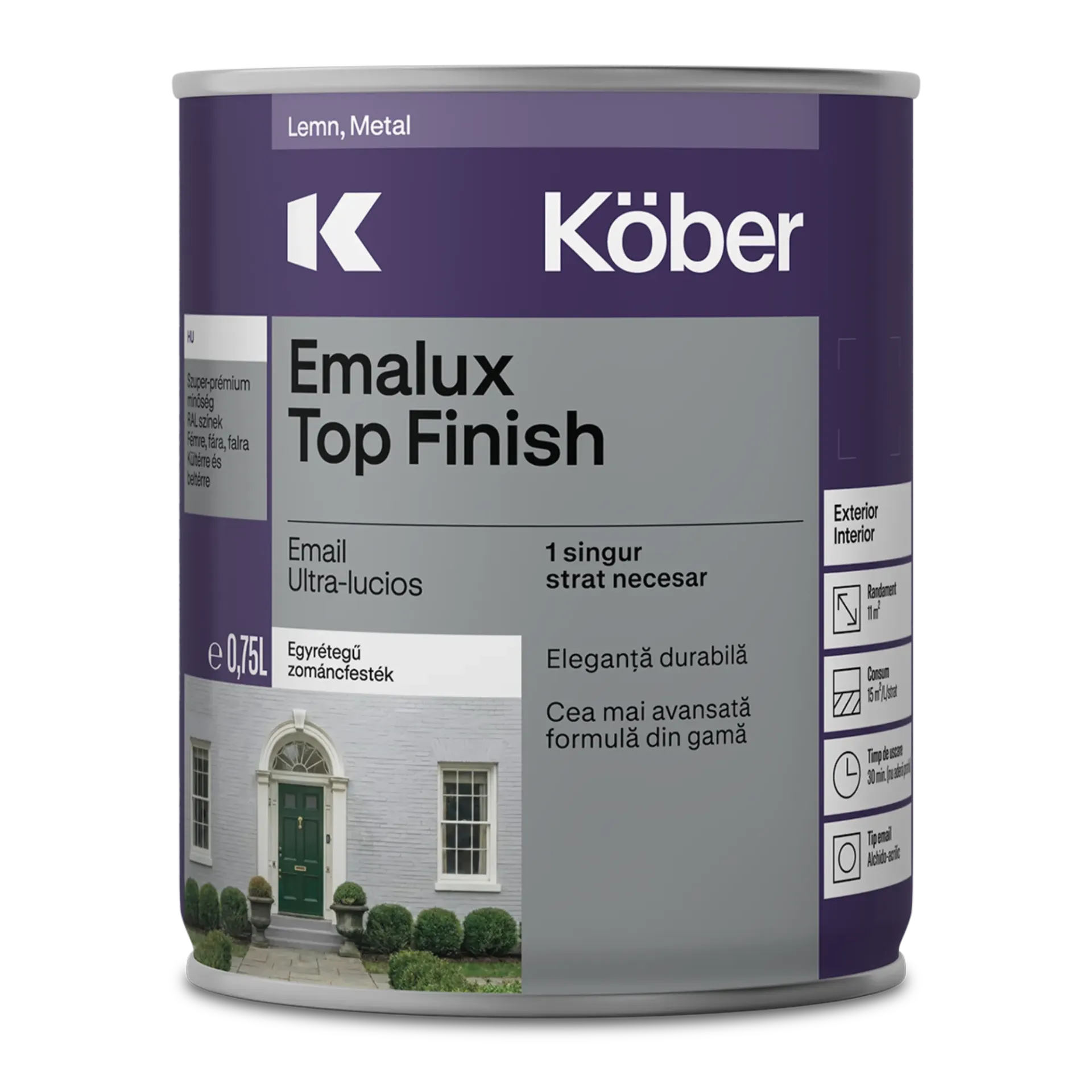 Vopsea alchidica pentru lemn/metal, Emalux Top finish, interior/exterior, albastru gentiana 0.75l Kober