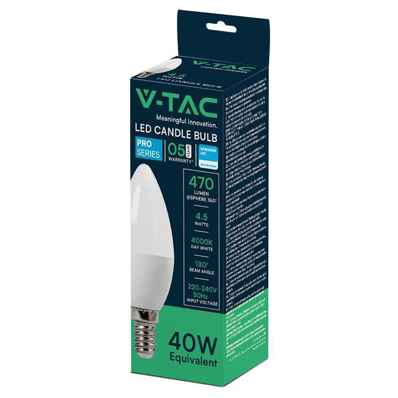Bec led E14 C37 4.5W 4000K alb neutru, CIP Samsung V-tac