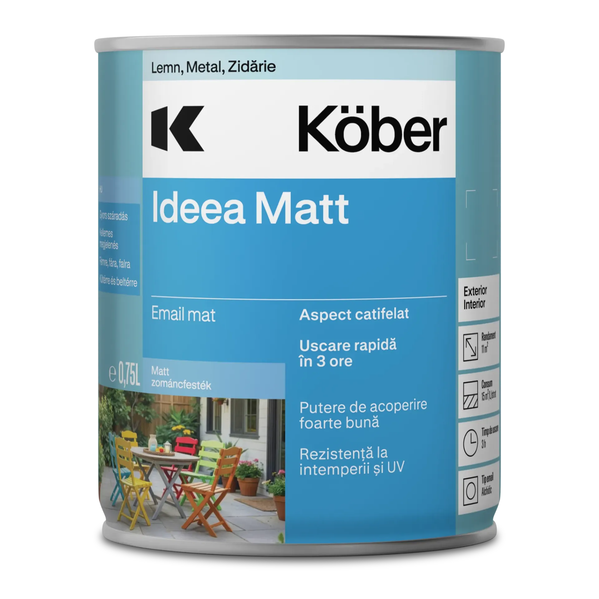 Vopsea alchidica pentru lemn/metal, Ideea Matt, interior/exterior, negru RAL9005, 0.75l Kober