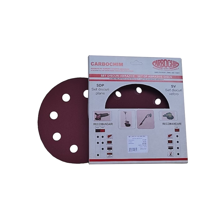 Set 5 bucati discuri velcro, SV230x8 HENR granulatie 150 suport hartie pentru slefuire, finisare lemn si metal in mediu uscat Carbochim
