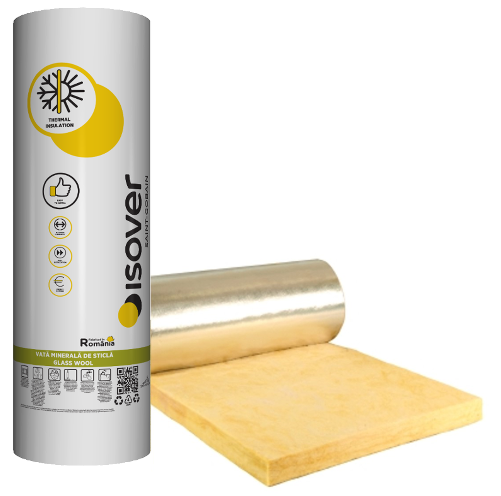 Vata minerala de sticla Isover Domo Alu, caserata cu aluminiu, 7500 x 1200 x 100 mm 9mp/rola