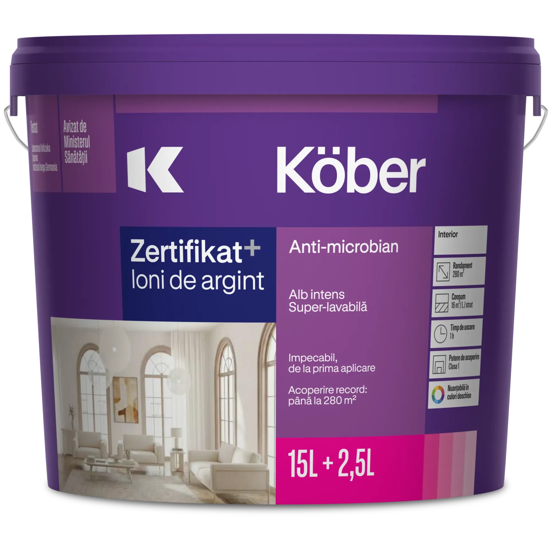 [v8140np-1-p17.5l] Vopsea lavabila interior, Zertifikat Plus, alba, 17.5l Kober
