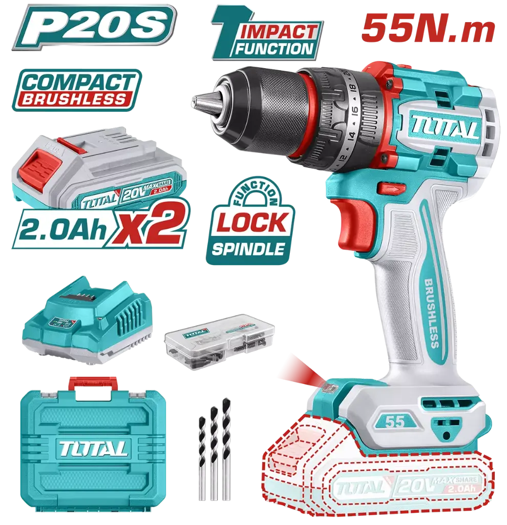 Masina de gaurit cu percutie 20V-2.0AH LI-ION (include 2acumulatori+1 incarcator) Total