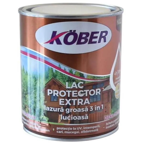 Lac/lazura groasa pentru lemn, Extra 3 in 1, plop aspen, interior/exterior, 0.75l Kober