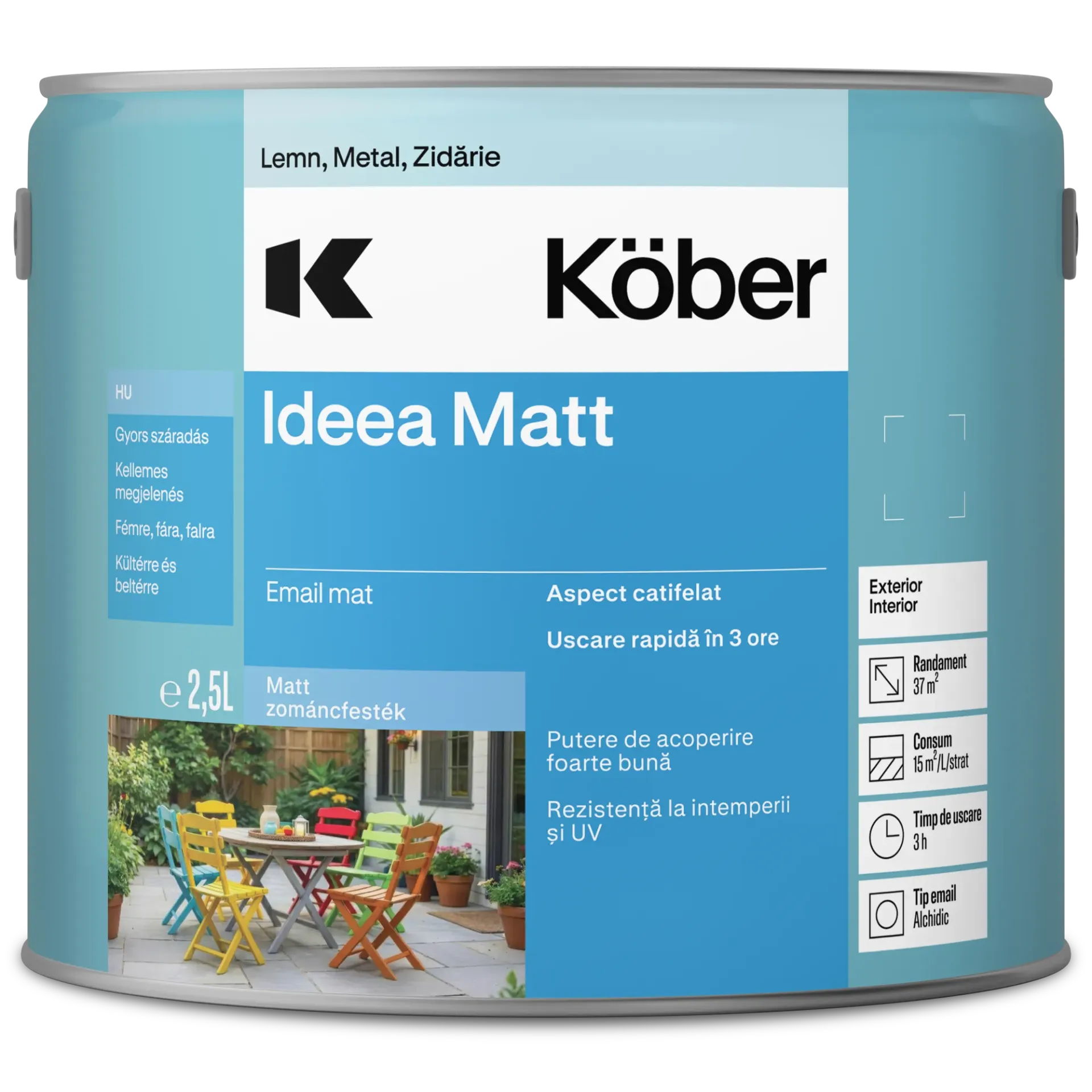 Vopsea alchidica pentru lemn/metal, Ideea Matt, interior/exterior, maro ciocolata, 2.5l Kober