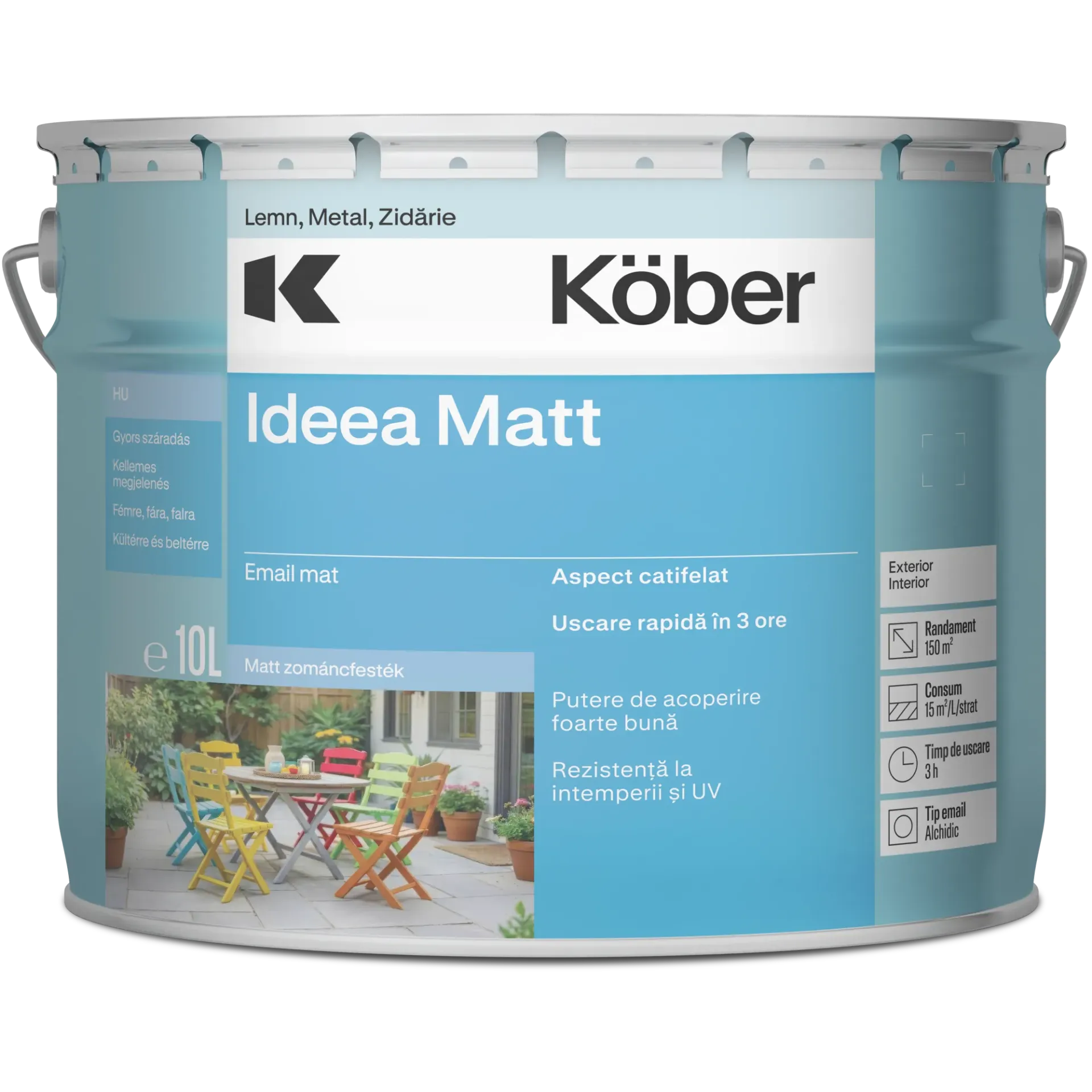 Vopsea alchidica pentru lemn/metal, Ideea Matt, interior/exterior, verde reseda, 10l Kober