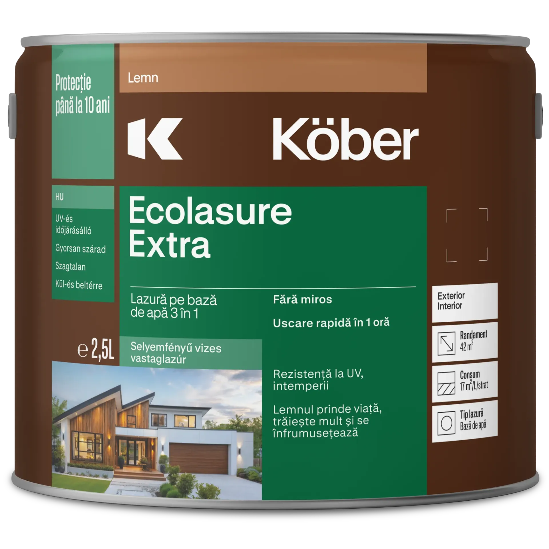 Lac 3in1 pentru lemn, Aqualasure Extra, pe baza de apa, interior/exterior, gri nordic, 2.5l Kober