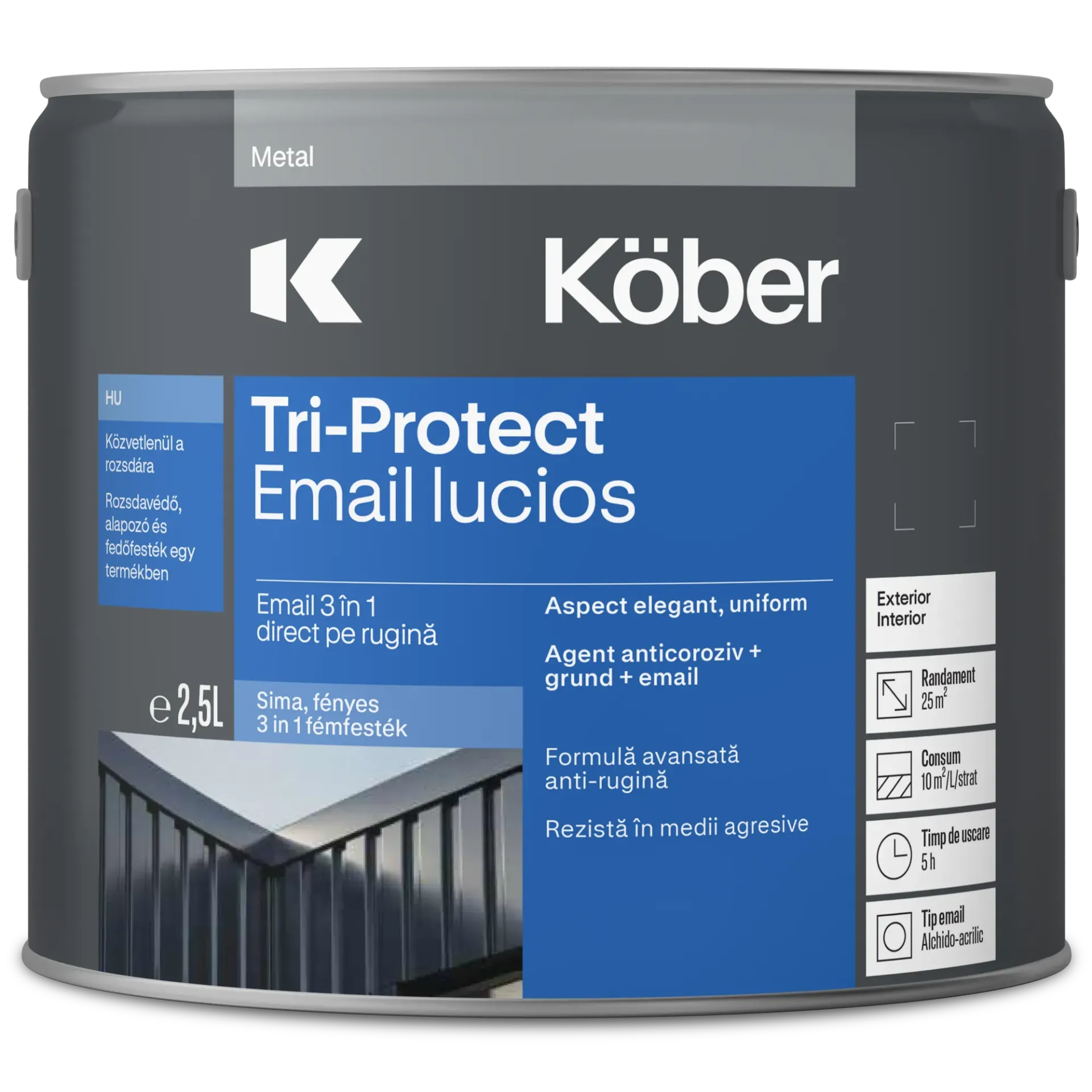Email 3in1 triprotect direct pe rugina pentru metal, lucios, interior/exterior, verde reseda, 2.5l Kober