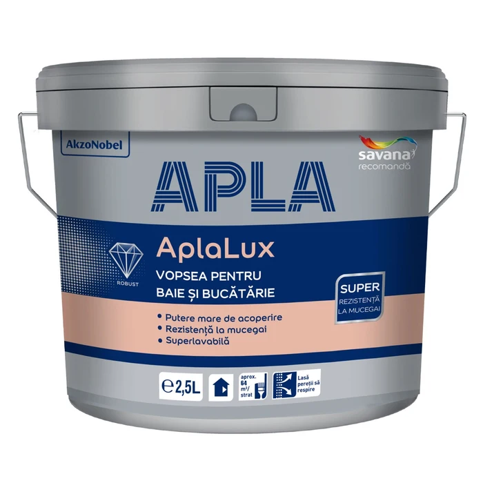 [5011] Vopsea superlavabila interior, antimucegai, baie si bucatarie, alba, 2.5l Aplalux