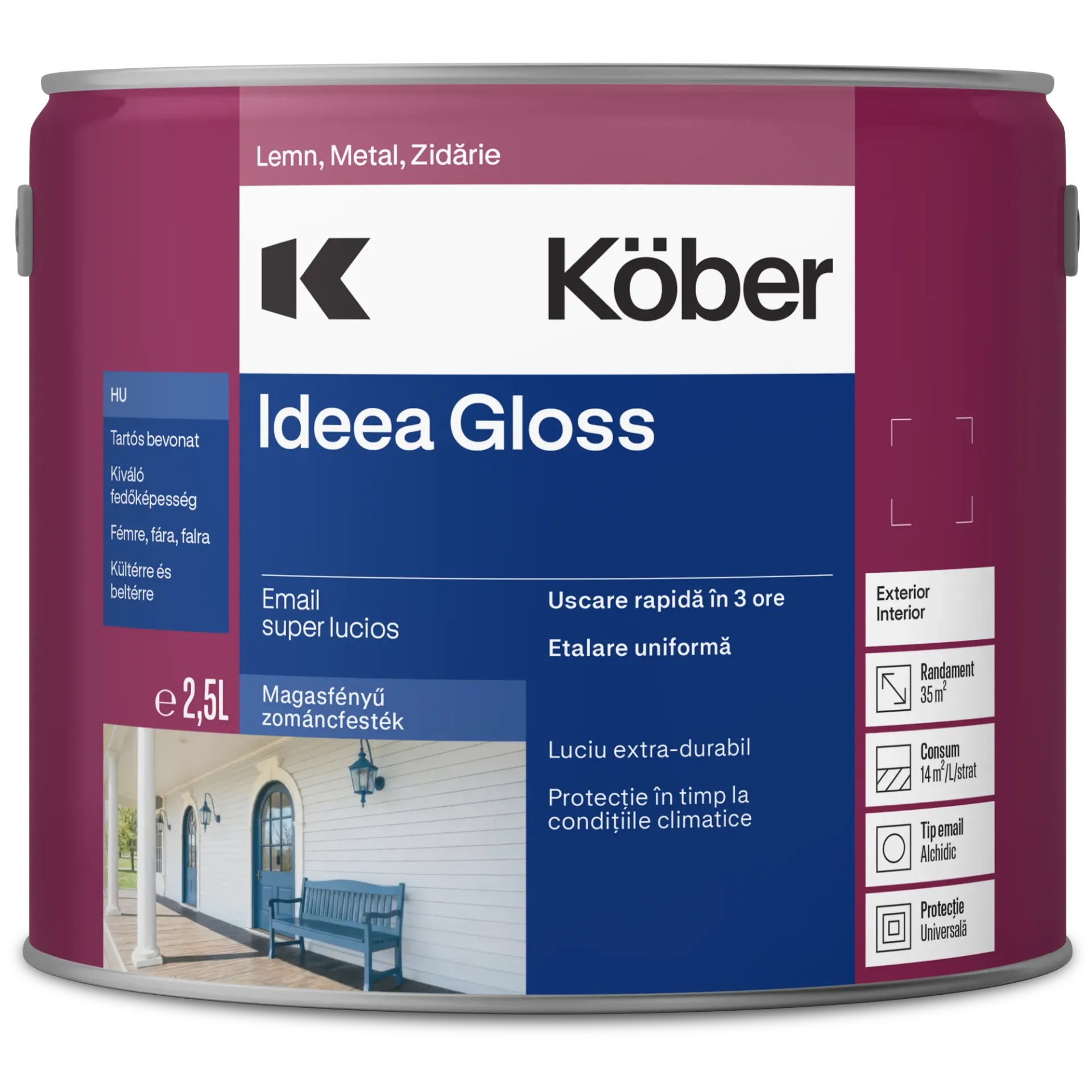 Vopsea alchidica pentru lemn/metal, Ideea Gloss, interior/exterior, crem pal, 2.5l Kober