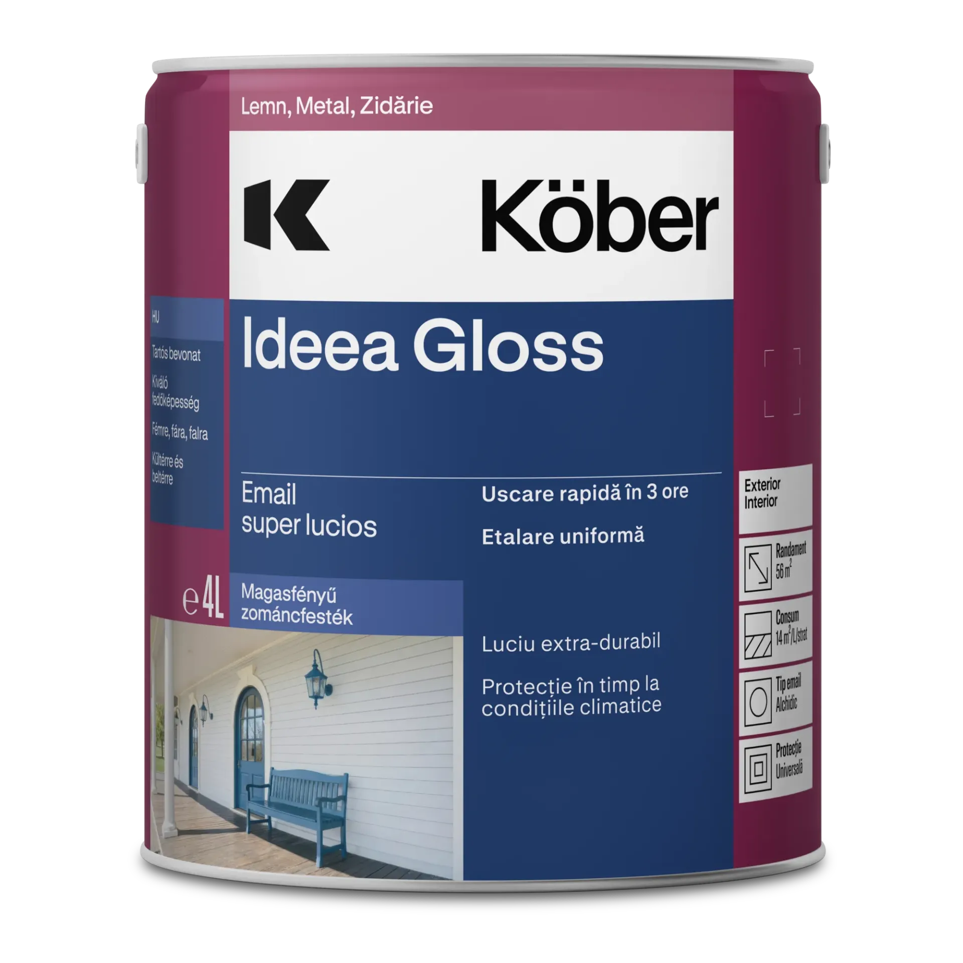 Vopsea alchidica pentru lemn/metal, Ideea Gloss, interior/exterior, verde luminos, 4l Kober