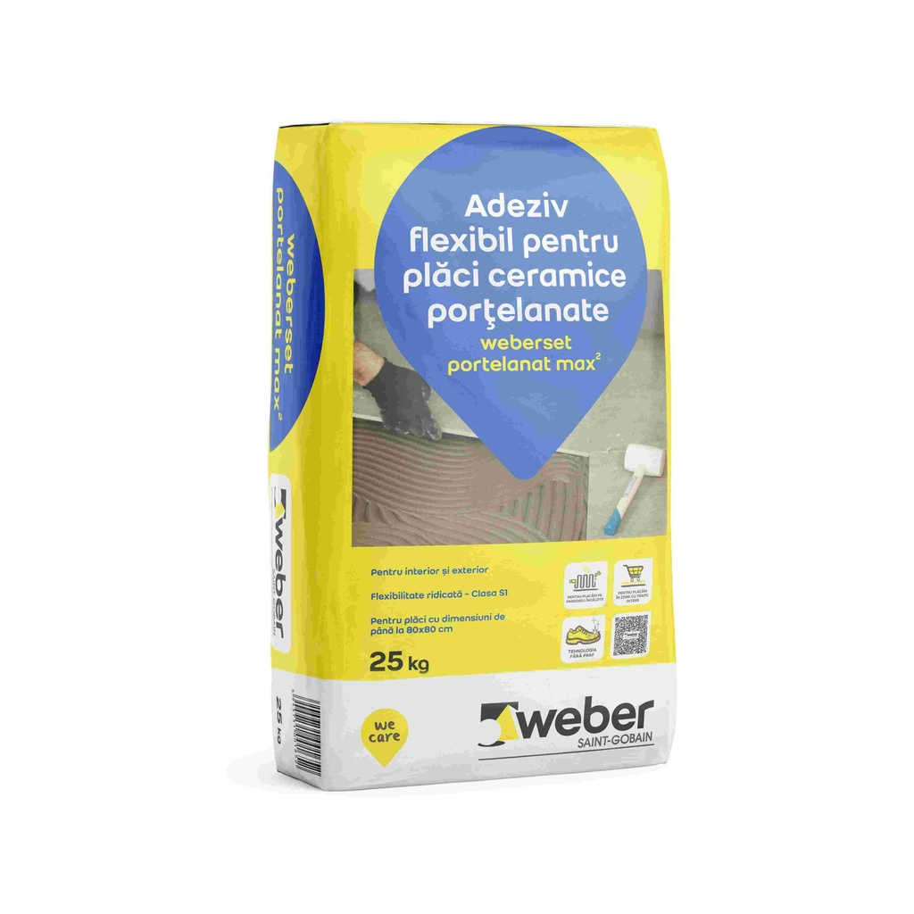 Adeziv flexibil pentru plăci ceramice porțelanate la interior și exterior Set Portelanat max2, clasa C2 TE S1, sac de hârtie 25kg Weber