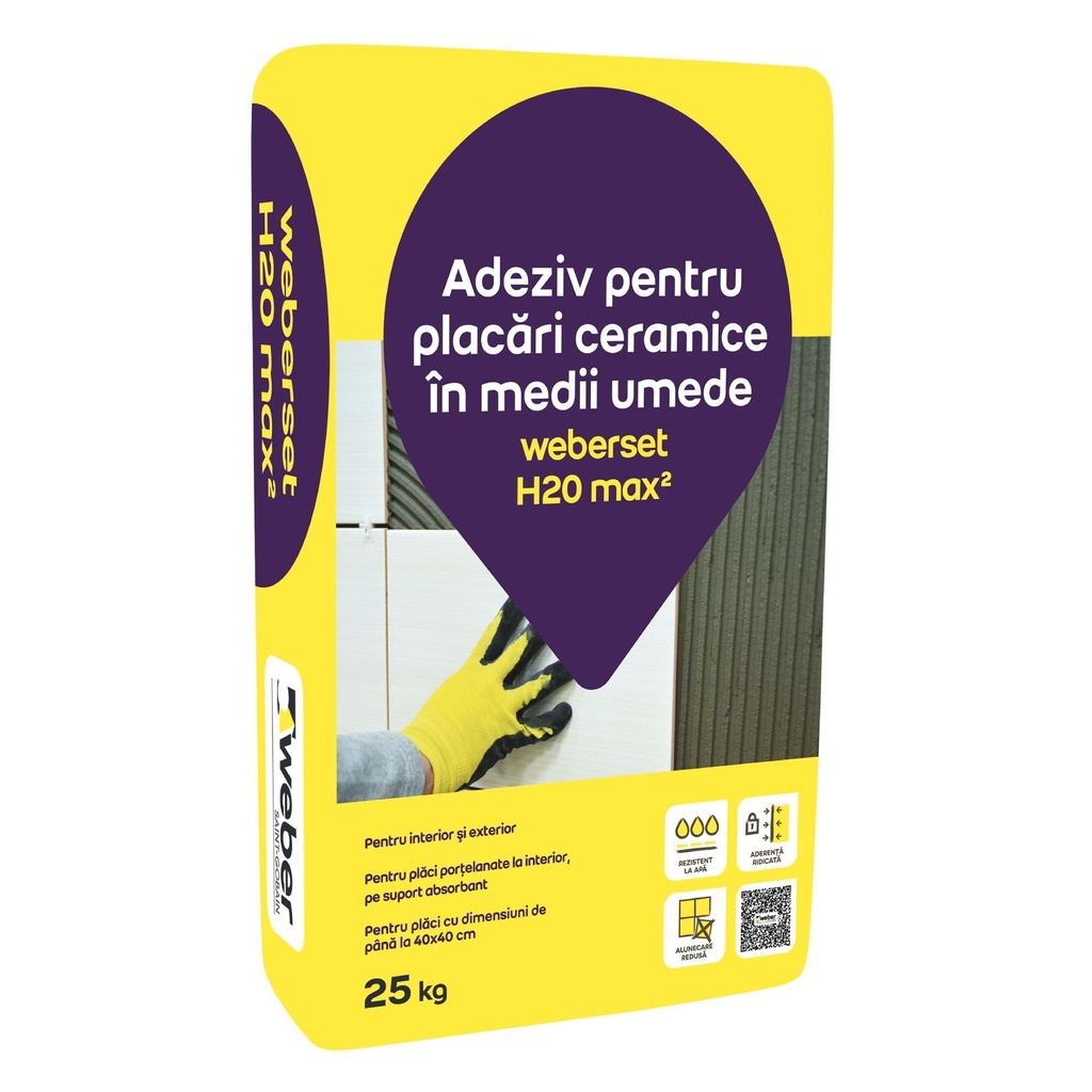 Weberset H20 - Adeziv pentru placări ceramice în spații umede, clasa C1T, sac hârtie 25 kg 48saci/pal