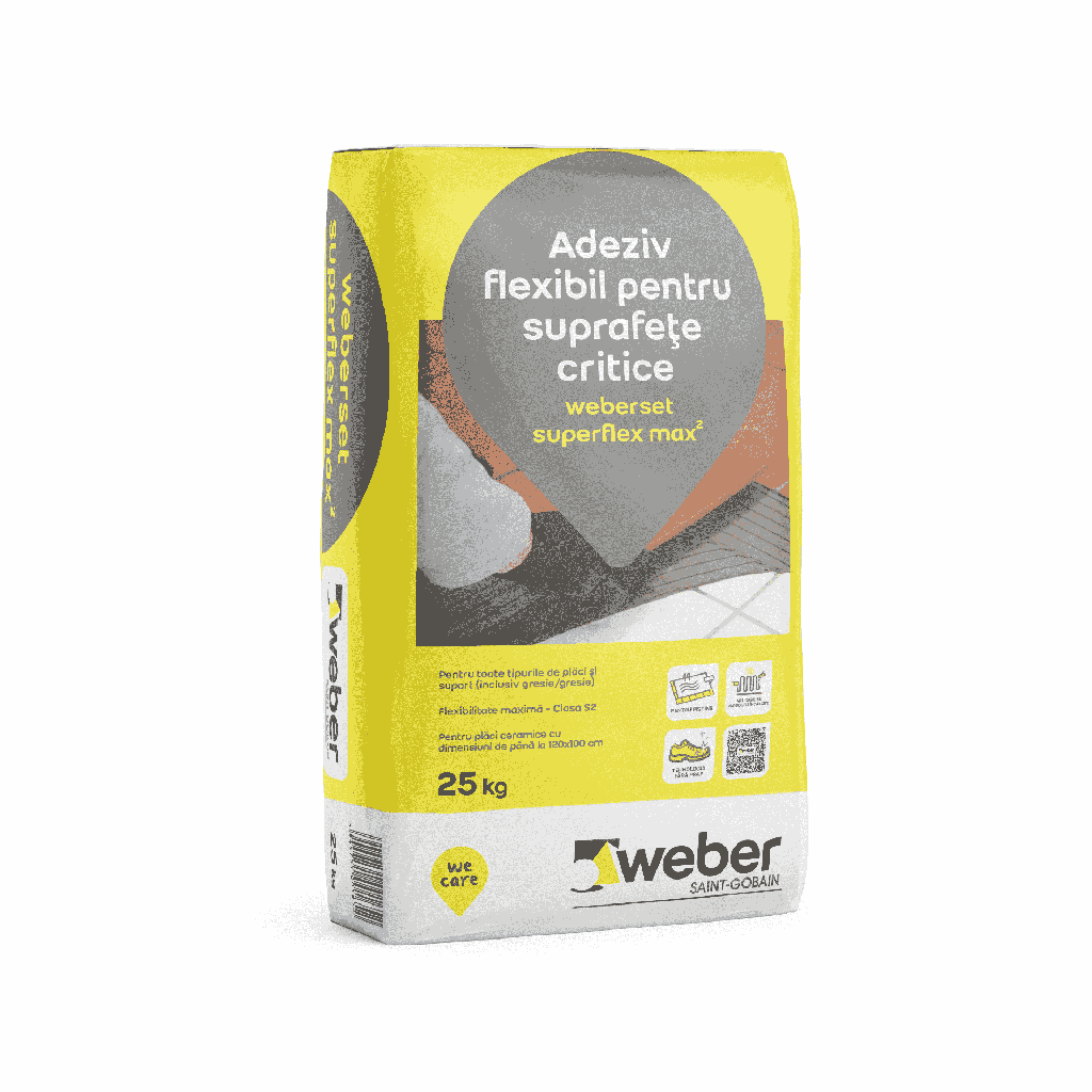 Adeziv flexibil pentru suprafețe critice la interior și exterior, Superflex max2 clasa C2 TE S2, sac hârtie 25kg 48saci/pal Weber