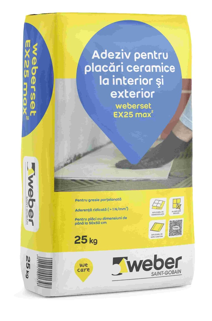 Adeziv pentru placări ceramice la interior și exterior, clasa C2 TE EX25 max2, sac de hârtie 25kg 48saci/pal Weber