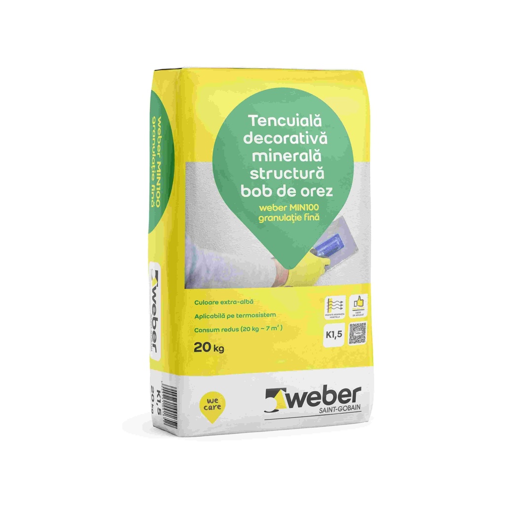 Tencuială decorativă minerală extra-alba MIN100 2mm medie, bob de orez, sac de hârtie 20kg 54saci/pal Weber