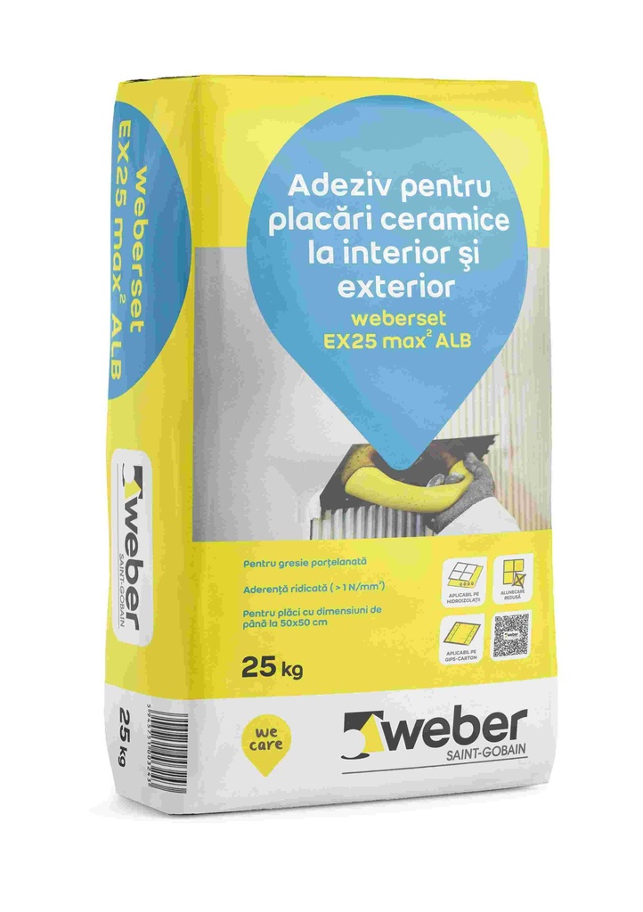 Weberset EX25 max2 ALB - Adeziv pentru placări ceramice la interior și exterior, clasa C2 TE, sac hârtie 25 kg 48saci/pal