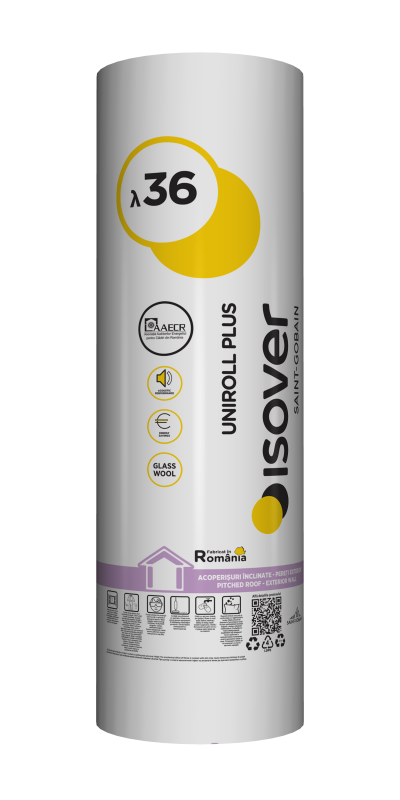 Vata Isover UNIROLL PLUS 10/5 GW, Λd=0,036 W/(m·K), 2x5000x1200x50 mm, Rolă 12 m2, MPS 24 role
