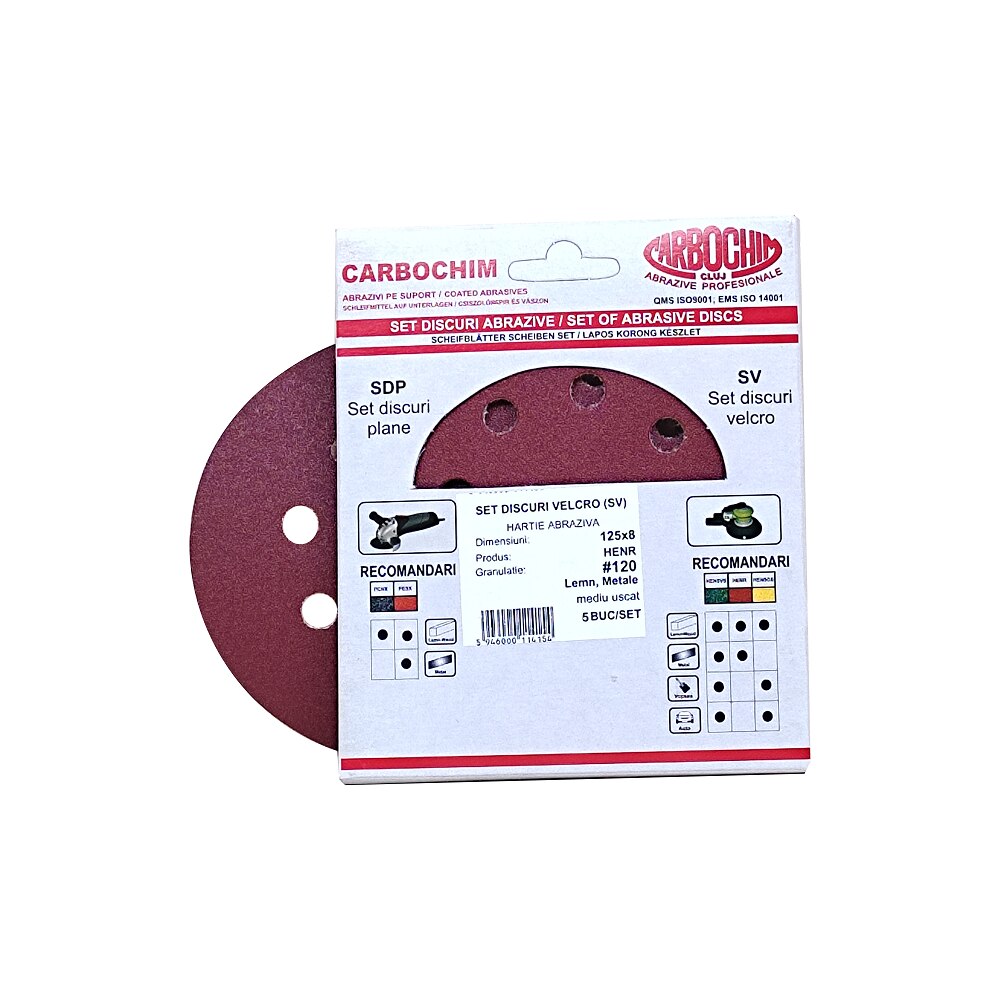 Set 5 bucati discuri velcro, SV125x8 HENR granulatie 120 suport hartie pentru slefuire, finisare lemn si metal in mediu uscat Carbochim