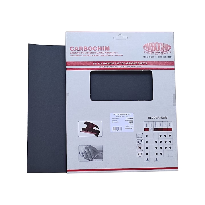 Abrazivi foi 230x280hidro#400 10foi/set Carbochim, granulatie 400 suport hartie pentru slefuire, finisare metale in mediu uscat si umed *pret pe foaie