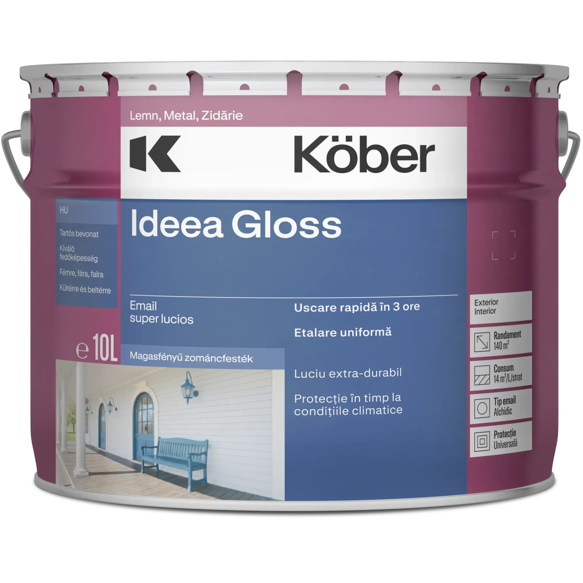Vopsea alchidica pentru lemn/metal, Ideea Gloss, interior/exterior, maro roscat, 10l Kober