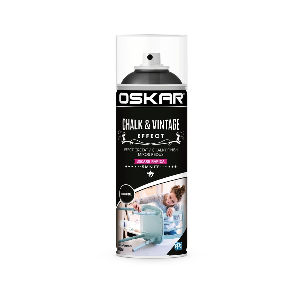 Spray vopsea lemn / metal, Chalk & Vintage Effect, charcoal, interior / exterior, 400ml Oskar