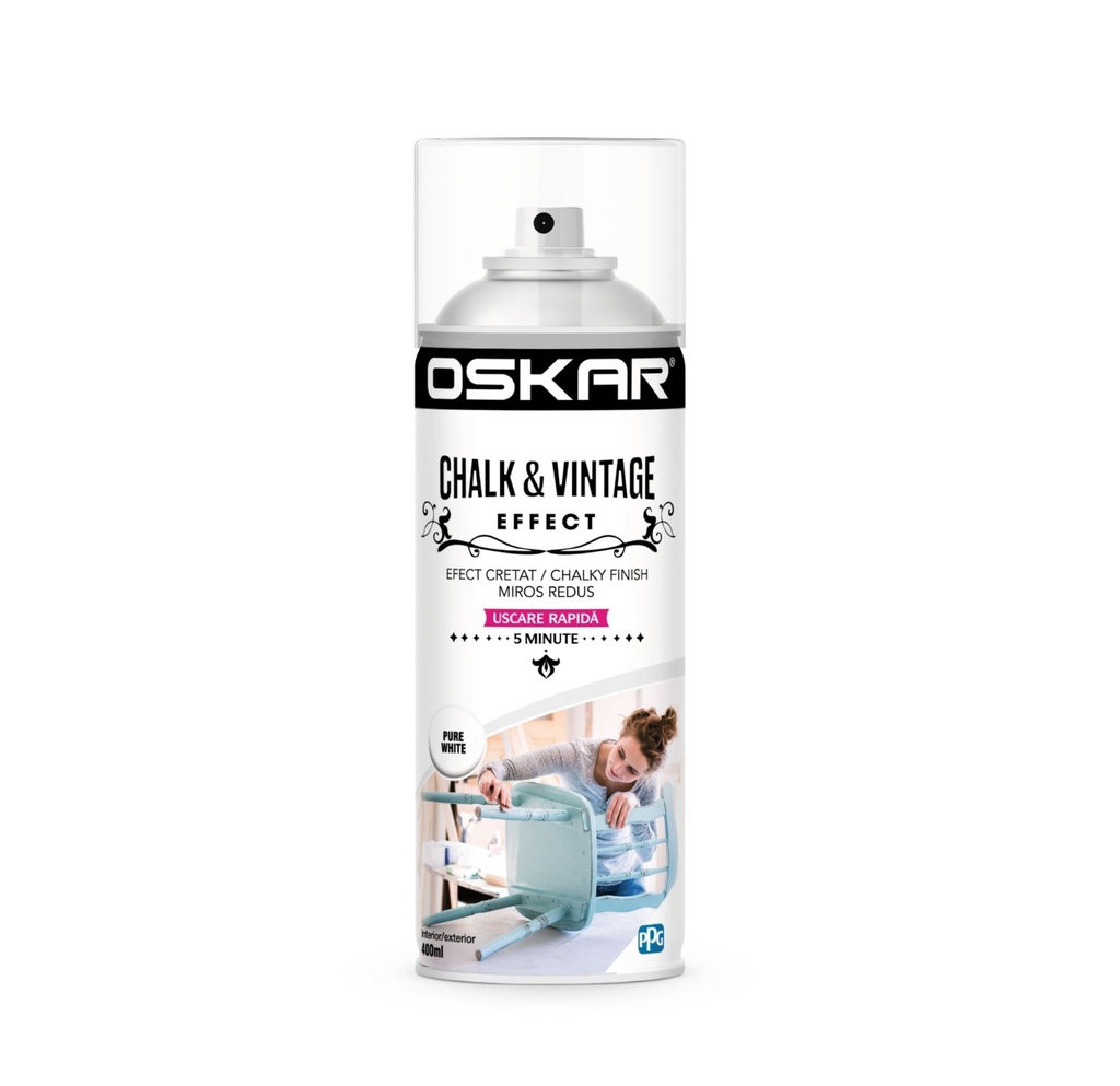 Spray vopsea lemn / metal, Oskar Chalk & Vintage Effect, pure white, interior / exterior, 400 ml