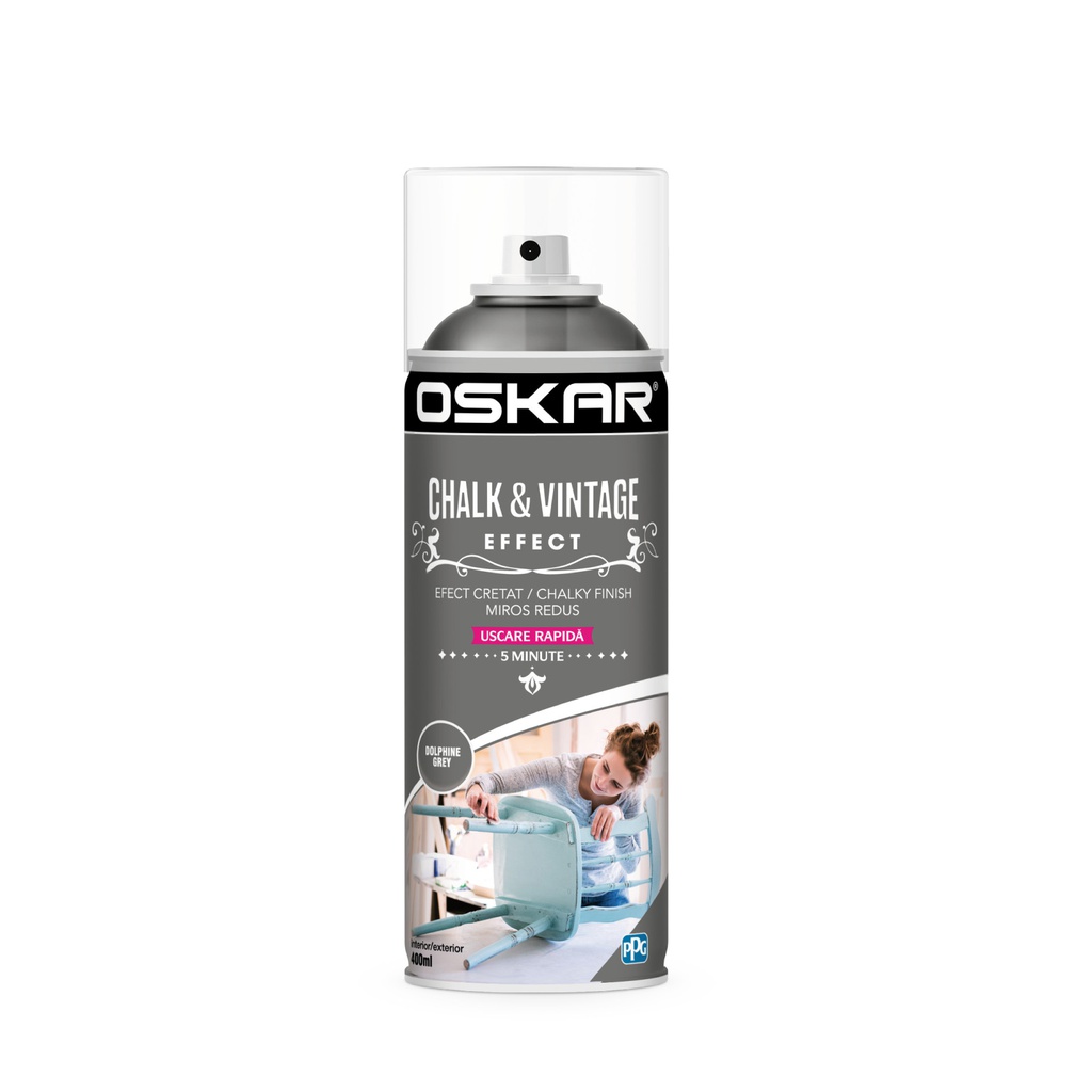 Spray vopsea lemn / metal, Oskar Chalk & Vintage Effect, dolphin grey, interior / exterior, 400 ml
