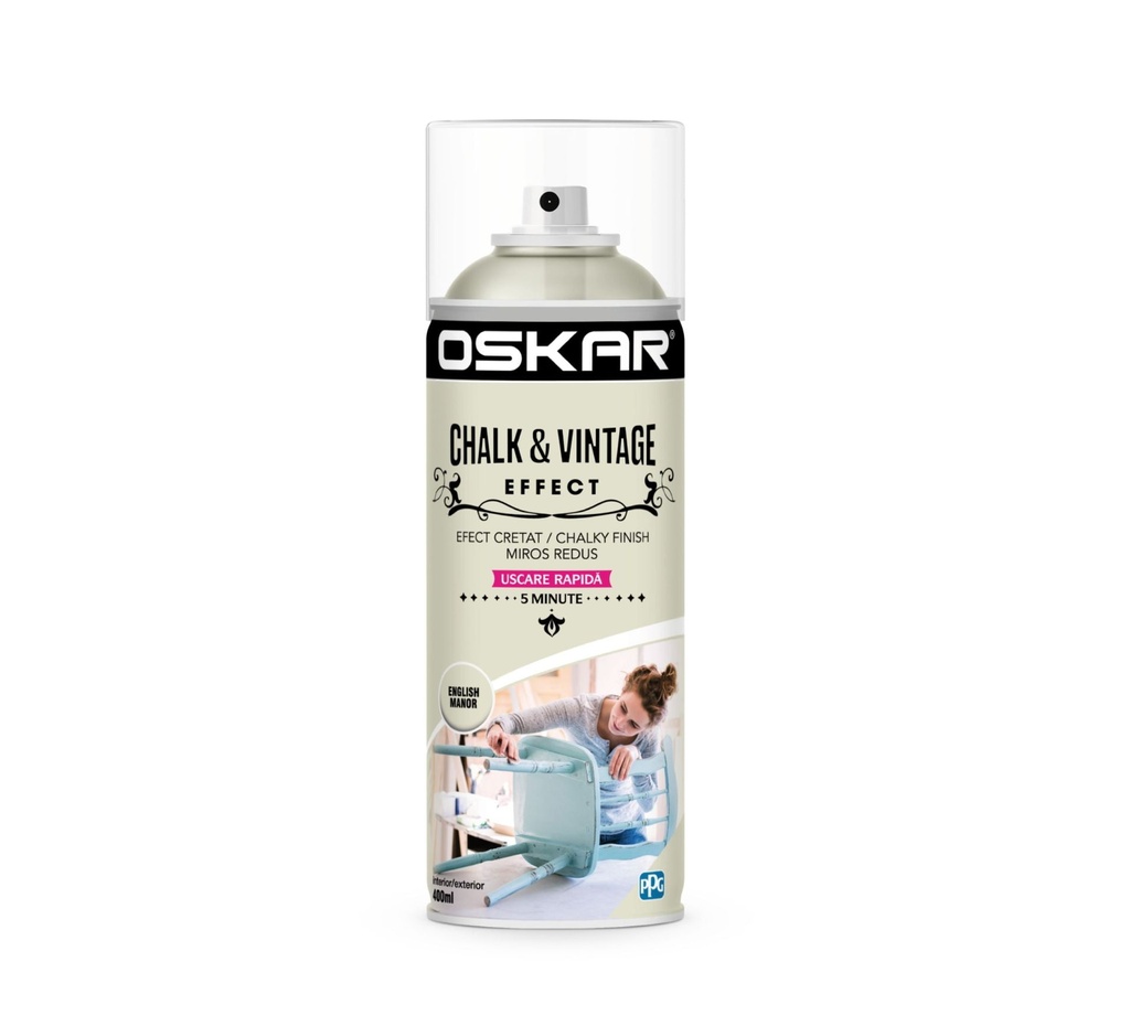 Spray vopsea lemn / metal, Chalk & Vintage Effect, english manor, interior / exterior, 400ml Oskar