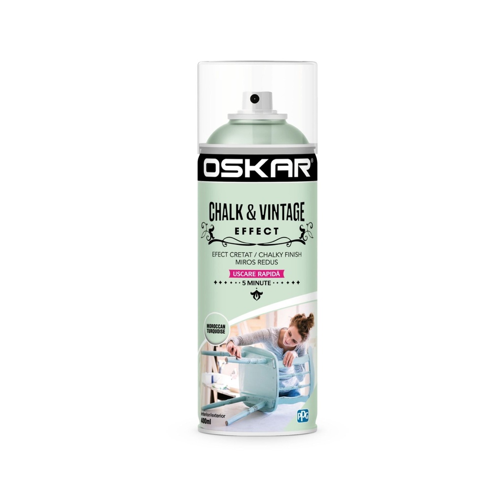 Spray vopsea lemn / metal, Oskar Chalk & Vintage Effect, turquoise, interior / exterior, 400 ml