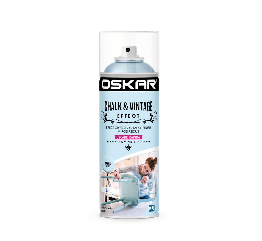 Spray vopsea lemn / metal, Oskar Chalk & Vintage Effect, greek blue, interior / exterior, 400 ml