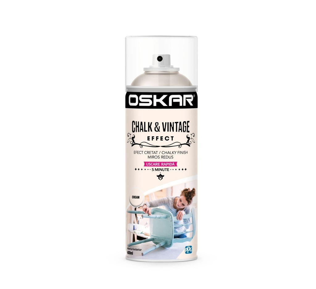 Spray vopsea lemn / metal, Oskar Chalk & Vintage Effect, cream, interior / exterior, 400 ml