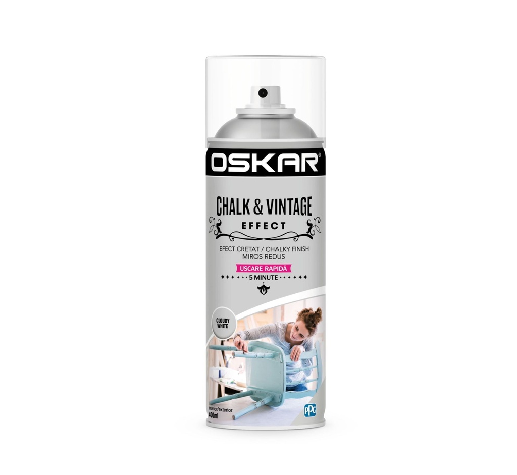 Spray vopsea lemn / metal, Oskar Chalk & Vintage Effect, cloudy white, interior / exterior, 400 ml