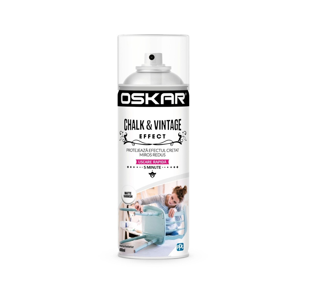 Spray vopsea lemn / metal, Oskar Chalk & Vintage Effect, matte varnish, interior / exterior, 400 ml