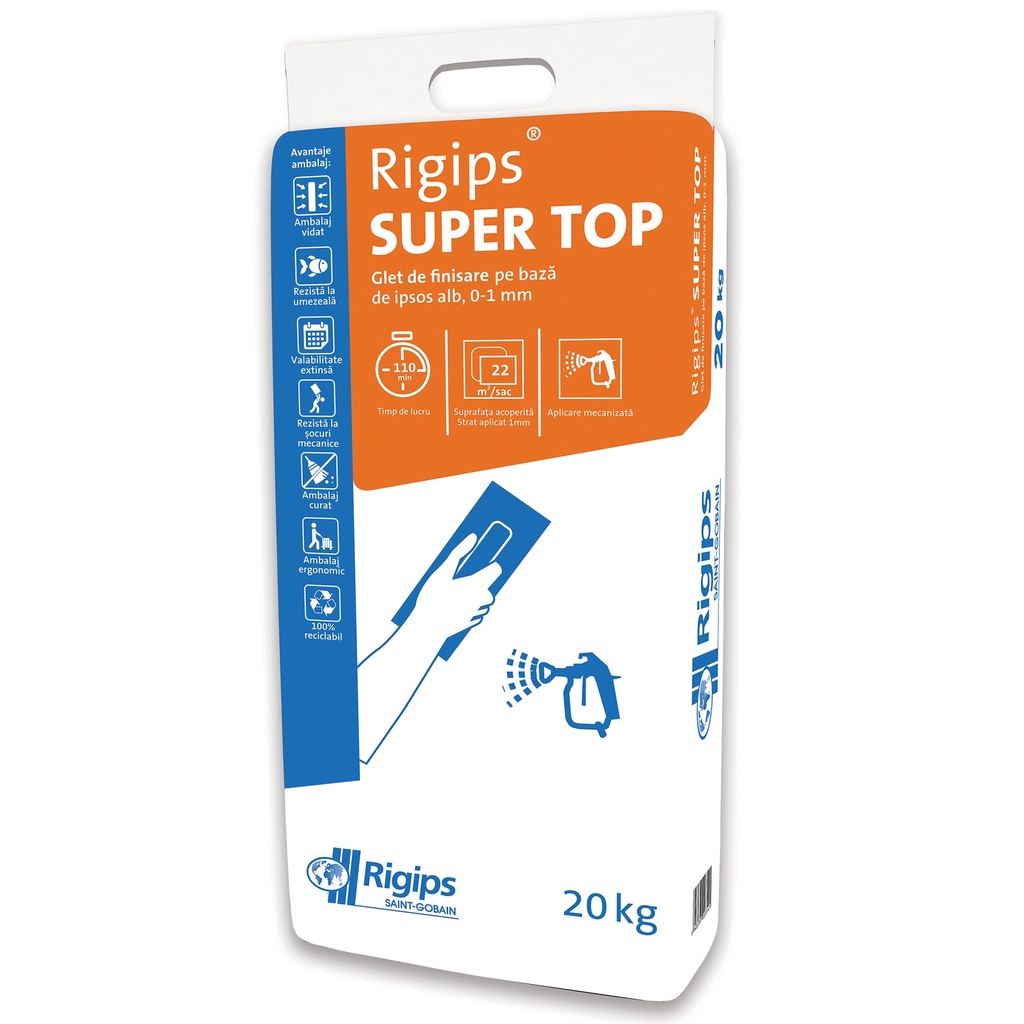 Glet de finisaj Rigips Super Top, pe baza de ipsos, interior, 20 kg 54sac/pal
