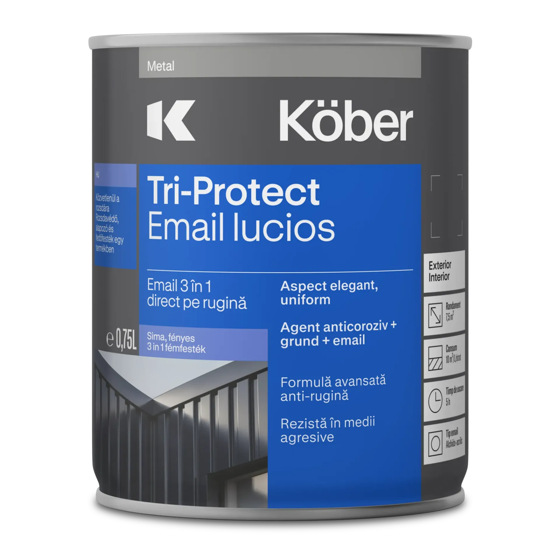 Email 3in1 triprotect direct pe rugina pentru metal, lucios, interior/exterior, alb, 0.75l Kober