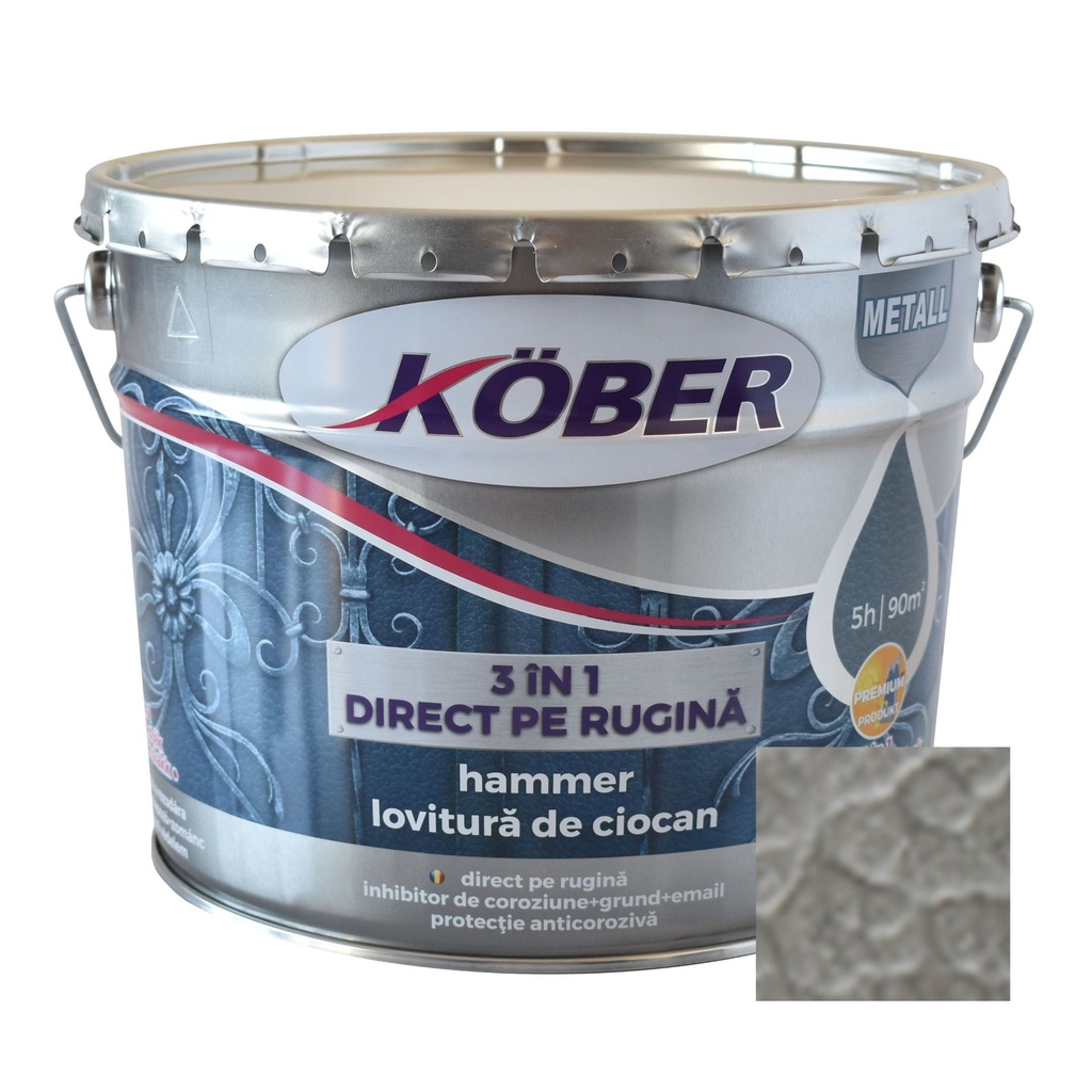 Vopsea alchidica pentru metal Kober Hammer, efect lovitura de ciocan, interior / exterior, argintiu E81180, 10 L