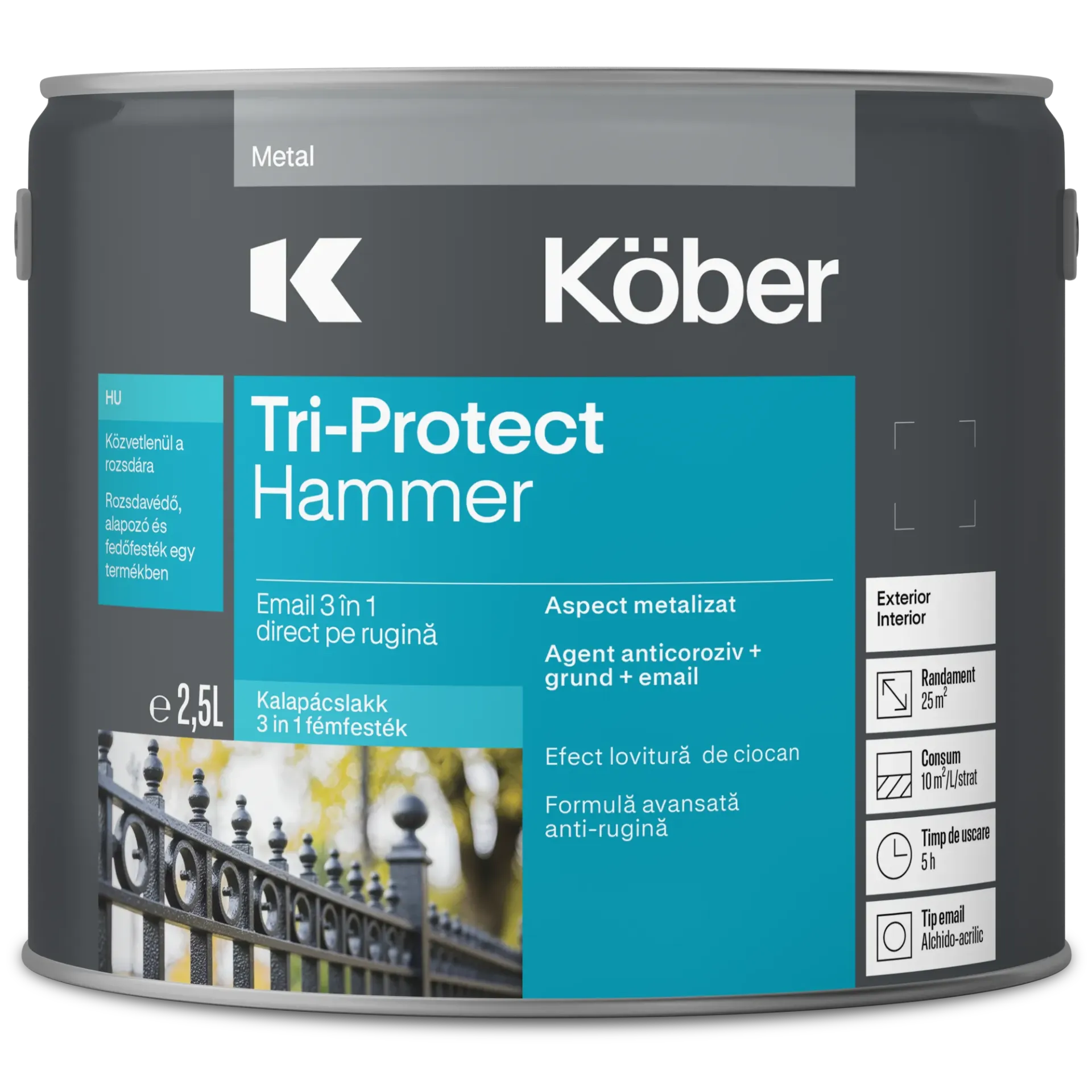 Email 3in1 direct pe rugina pentru metal, efect lovitura de ciocan, interior/exterior, rosu bordeaux E81200, 2.5l Kober