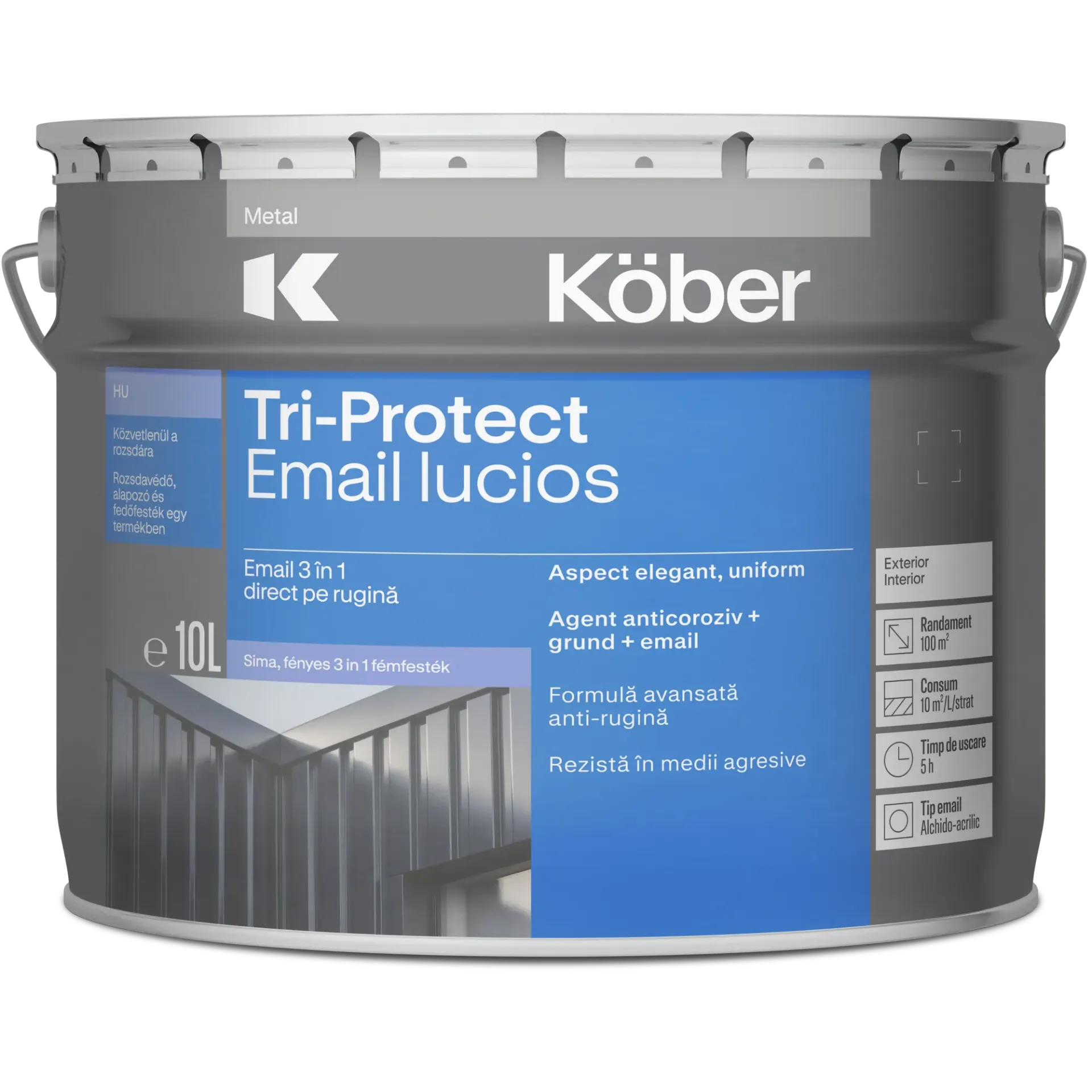 Email 3in1 triprotect direct pe rugina pentru metal, lucios, interior/exterior, rosu vin, 10l Kober