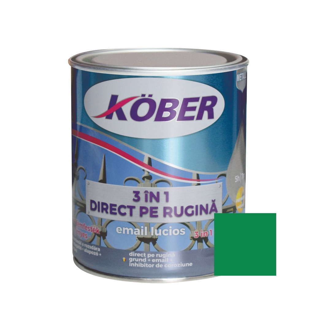 Vopsea alchidica pentru metal Kober 3 in 1, interior / exterior, verde luminos, 0.75 L