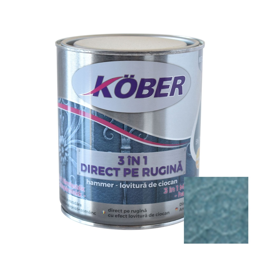 Vopsea alchidica pentru metal Hammer, efect lovitura de ciocan, interior/exterior, albastru luminos E81605, 0.75l Kober