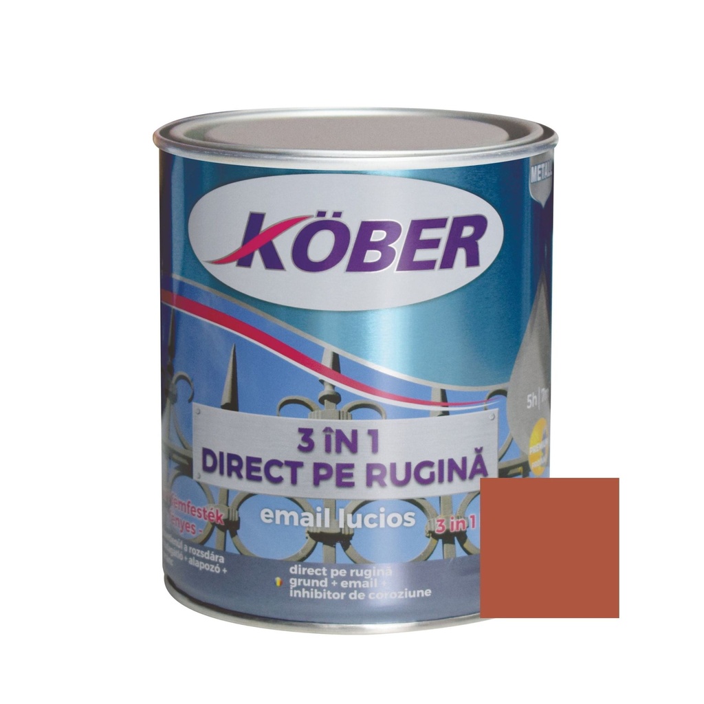 Vopsea alchidica pentru metal 3 in 1, interior/exterior, maro, 0.75l Kober
