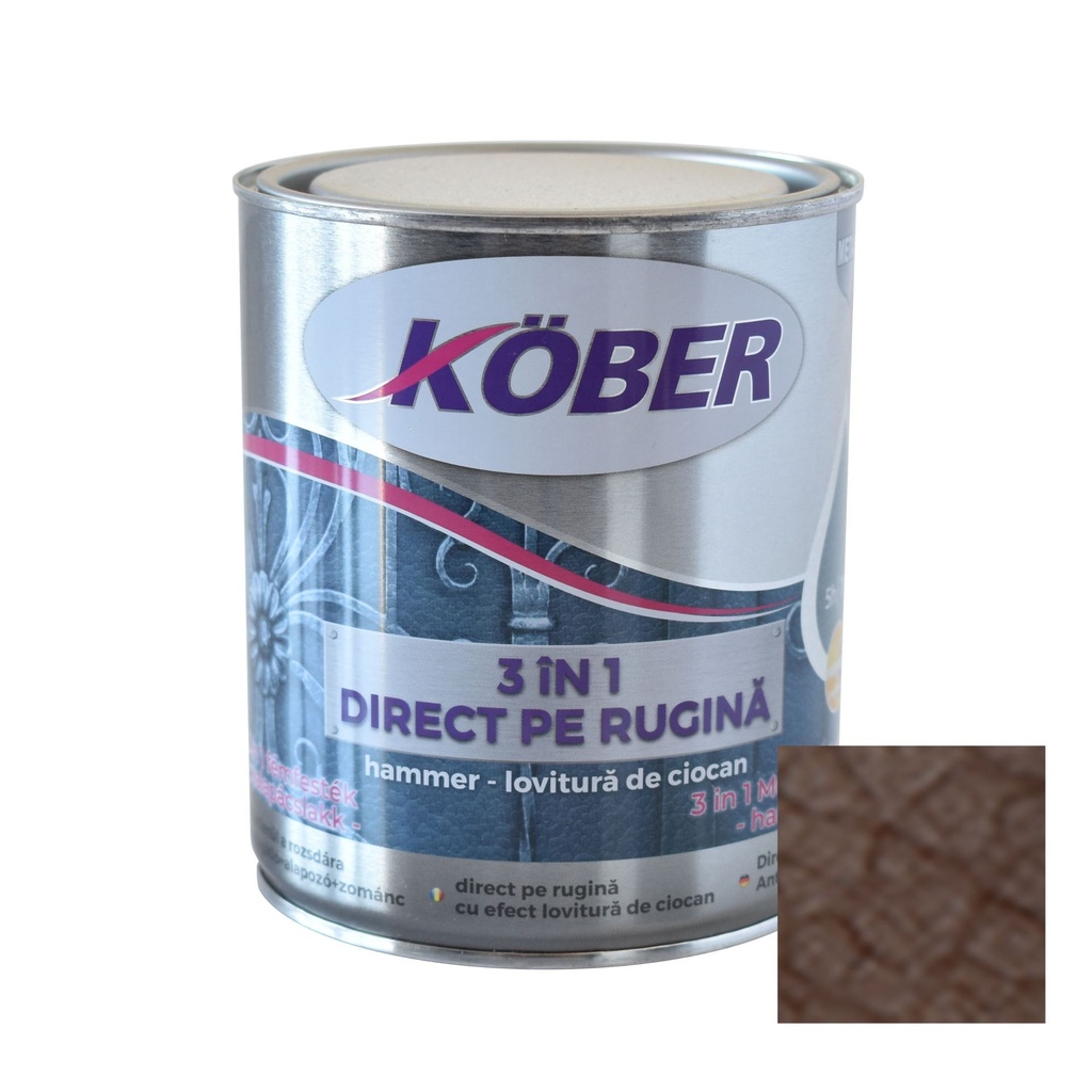 Vopsea alchidica pentru metal Hammer, efect lovitura de ciocan, interior/exterior, brun E81785, 0.75l Kober
