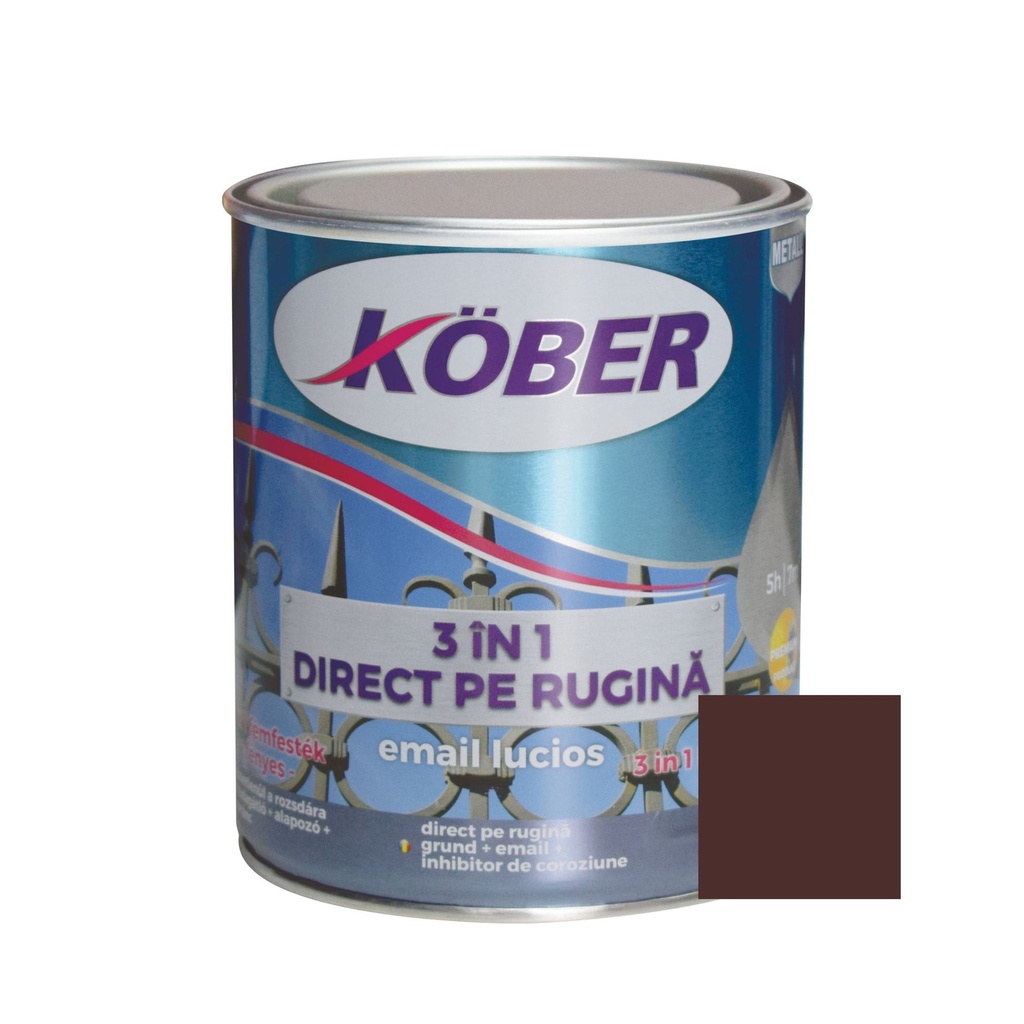 Vopsea alchidica pentru metal 3 in 1, interior/exterior, brun, 0.75l Kober