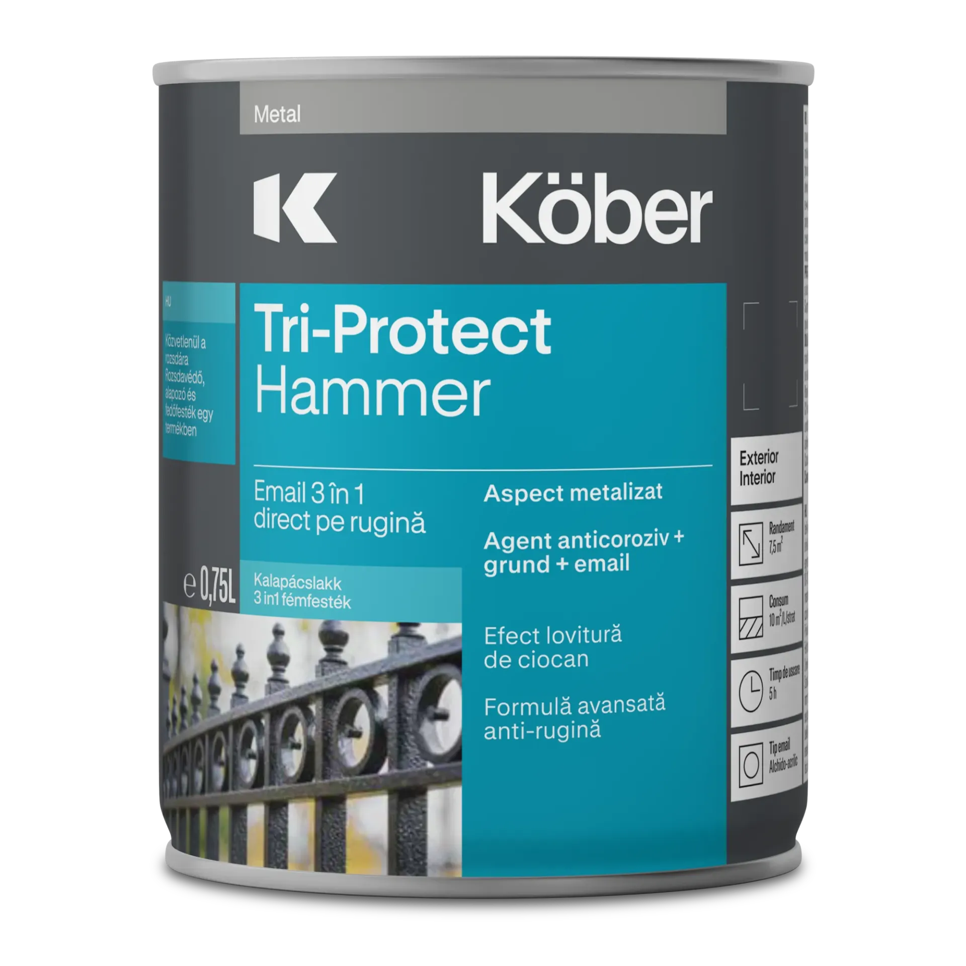 Email 3in1 direct pe rugina pentru metal, efect lovitura de ciocan, interior/exterior, brun, 0.75l Kober