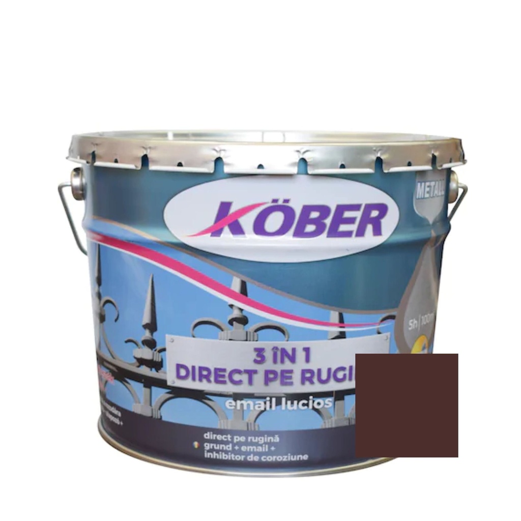 Vopsea alchidica pentru metal 3 in 1, interior/exterior, brun, 10l Kober
