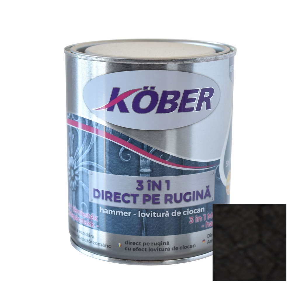 [e81900-c0.75l] Vopsea alchidica pentru metal Kober Hammer, efect lovitura de ciocan, interior / exterior, negru E81900, 0.75 L